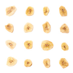 Fototapeta na wymiar Multiple dried banana slices snacks isolated