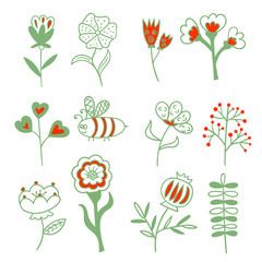 Set of hand drawn doodle flowers, sprigs, branches and berries. Vector decorative elements. 