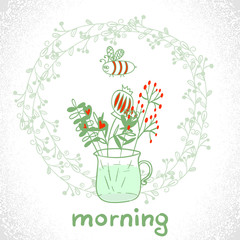 Morning vector card. Jar with doodle flowers in lovely frame.