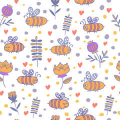 Seamless pattern with bees and flowers. Kids design.
