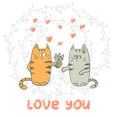 Funny cats in love. hand drawn vector illustration. 