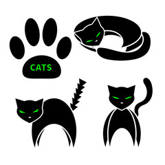 Set of cats silhouettes. Black and white vector illustration. 