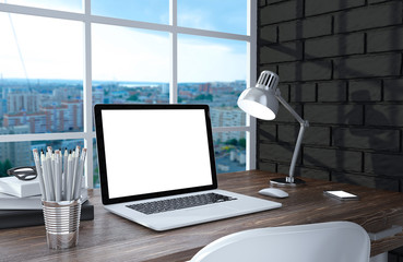 3D illustration laptopand work stuff on table near brick wall