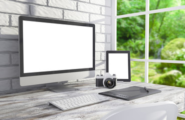 3D illustration PC screen on table in office, Workspace