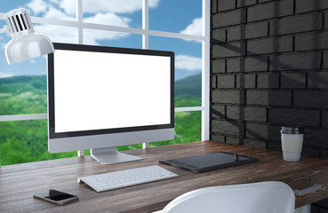 3D illustration PC screen on table in office, Workspace