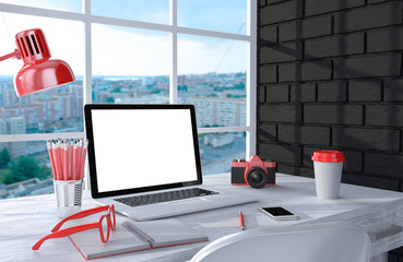 3D illustration laptopand work stuff on table near brick wall