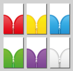 Zippers in six different colors - red, yellow, blue, green, purple and white - to be zipped and unzipped - vector illustration.