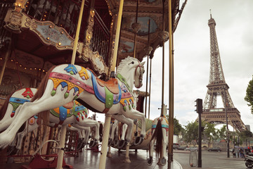 Image of vintage carousel near Eiffel tower in Paris, France © strixcode