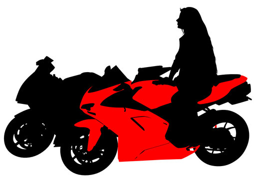 Silhouettes of motorcycl and baeuty women on whit background
