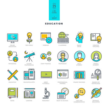 Set of line modern color icons for online education