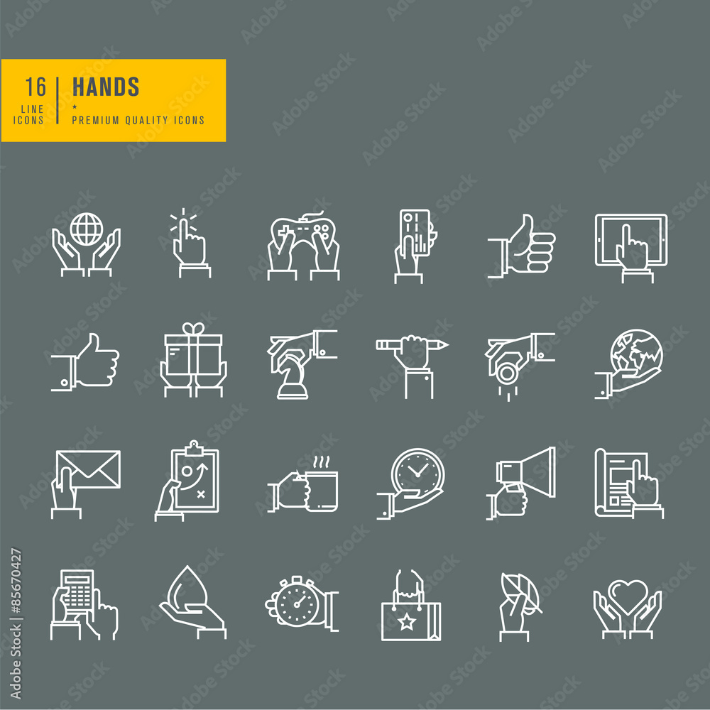 Aufkleber set of thin line web icons of hand using a variety of products