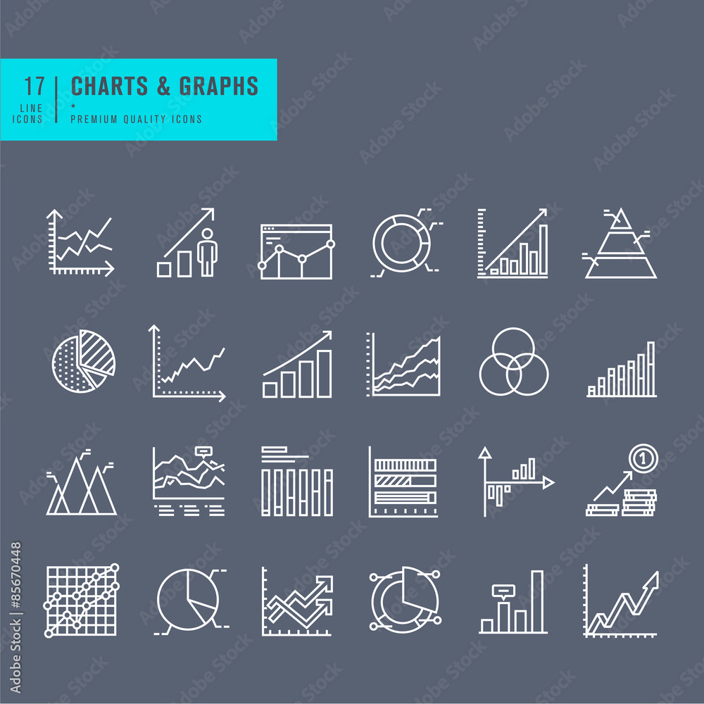 Poster set of thin line web icons of charts and diagrams