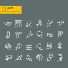 Set of thin line web icons of hand using a variety of products