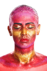 Glitter makeup on a beautiful woman face on a white background