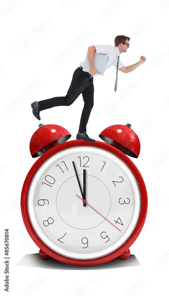 Poster composite image of geeky businessman running late