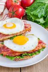 Fototapeta na wymiar Open face sandwich with egg, bacon, tomato and lettuce