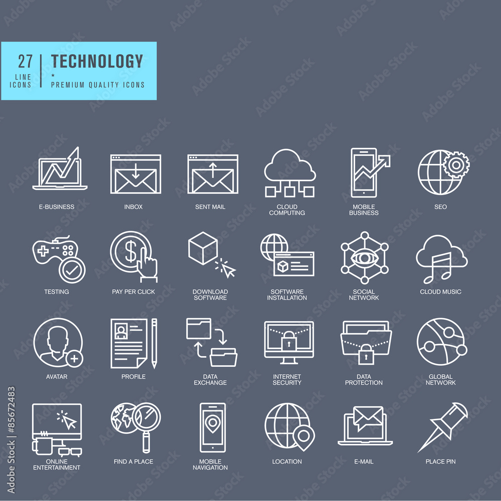 Poster set of thin line web icons for technology