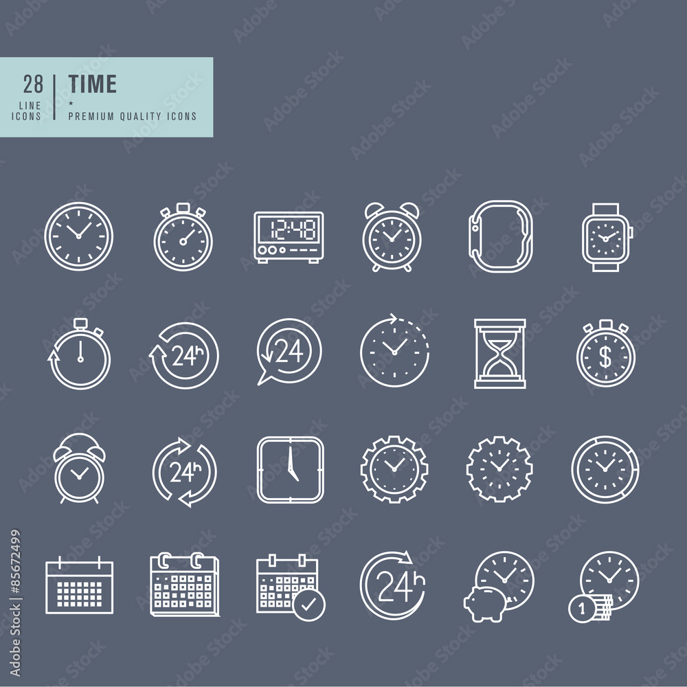 Poster set of thin line web icons on the theme of time