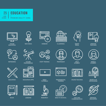Set of thin line web icons for online education