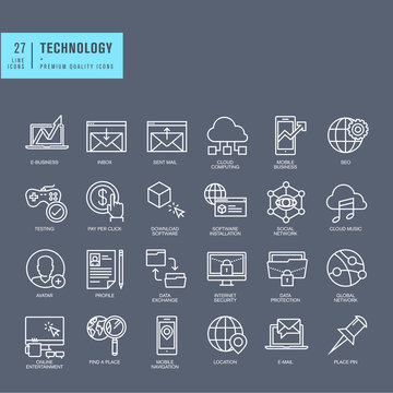 Set of thin line web icons for technology