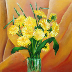 Vivid yellow dandelion bouquet in a vase - oil painting
