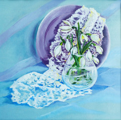 Traditional oil painting of corvallaria flowers and a plate with
