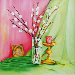Traditional oil painting of pussy willow branches in a vase