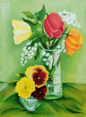 Bright oil painting of beautiful flowers in a glass vase