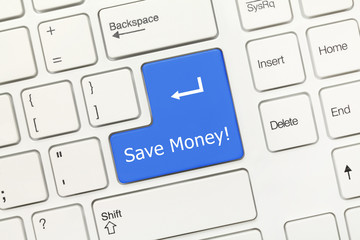 White conceptual keyboard - Save Money (blue key)