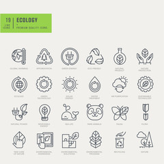 Thin line icons set. Icons for environmental, recycling, renewable energy, nature.