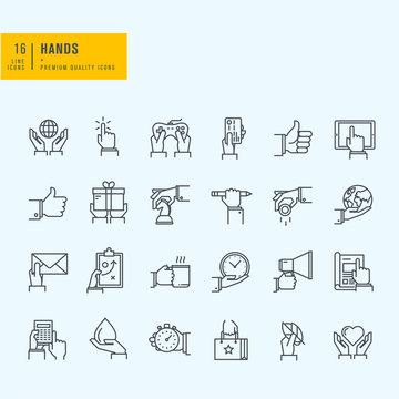 Thin line icons set. Icons of hand using devices, using money, in business situations, in design, ecology, marketing process.