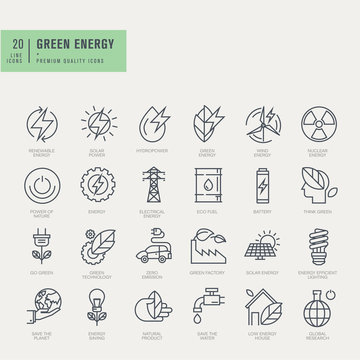 Thin line icons set. Icons for renewable energy, green technology.