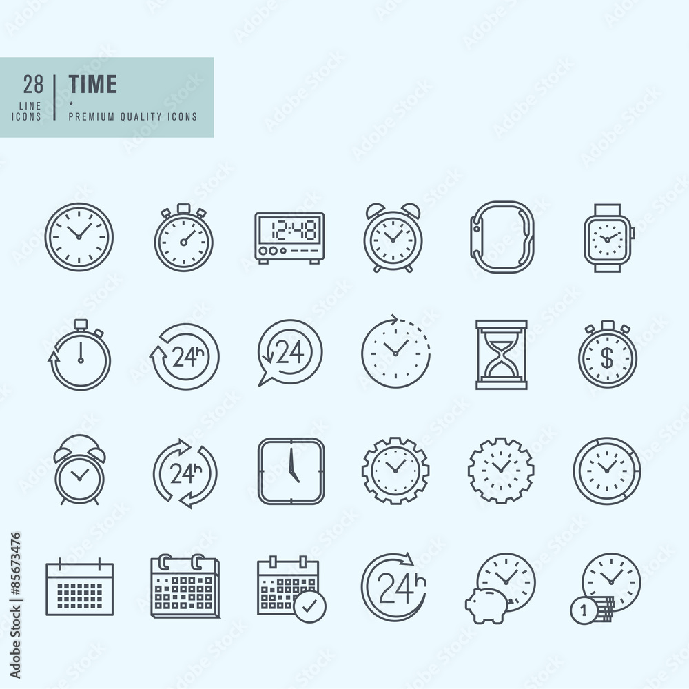Poster thin line icons set. icons for time and date.