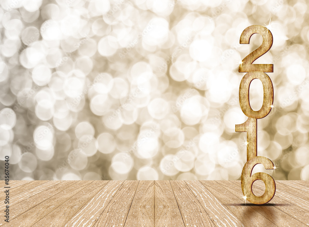 Aufkleber 2016 year wood number in perspective room with sparkling bokeh w