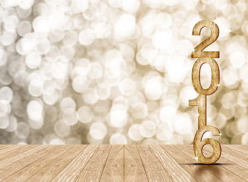 2016 year wood number in perspective room with sparkling bokeh w