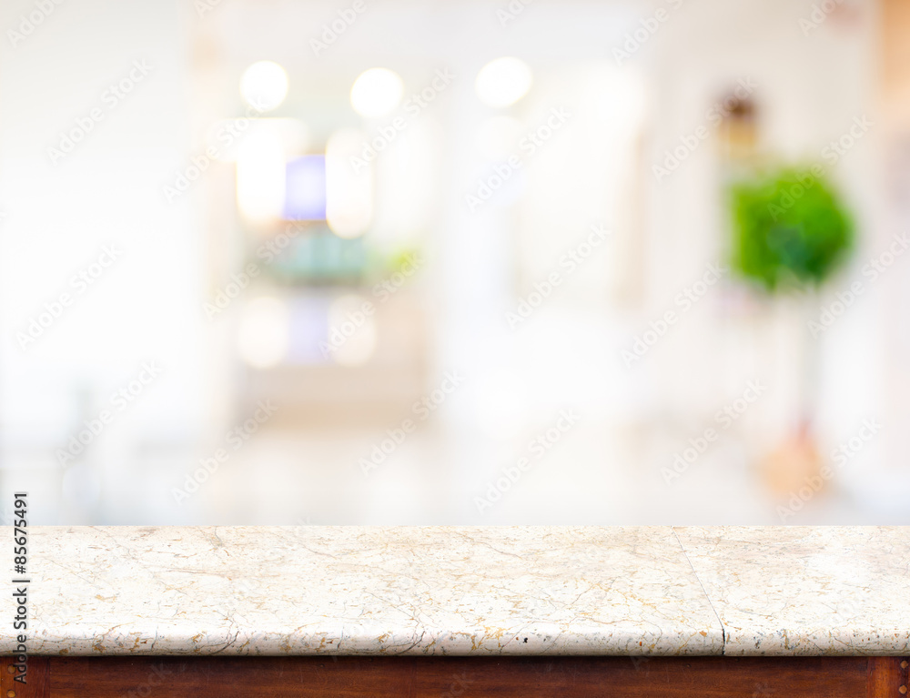 Aufkleber Empty marble table top and blurred store bokeh light in backgrou
