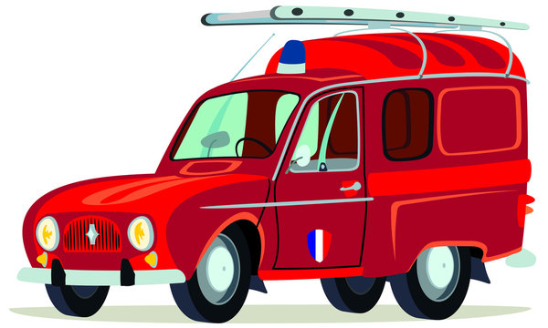 Caricatura Renault 4 furgoneta roja bomberos vista frontal y lateral