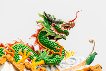 Dragon statue on top of Chinese temple roof.