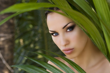Naklejka premium Sexy beautiful woman hiding behind the palm leaves. Beautiful st