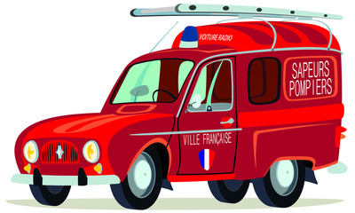 Fototapeta premium Caricatura Renault 4 furgoneta roja bomberos vista frontal y lateral