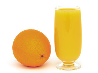 A glass of fresh orange juice with a whole orange fruit isolated on a white background
