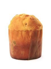 A whole Panettone Italian Christmas fruit bread cake isolated on a white background