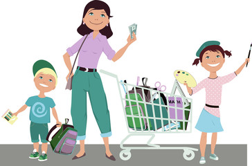 Cute cartoon mother with two children: boy and girl, standing next to a shopping cart, filled with school supplies, holding saved money in her hand, vector illustration, no transparencies, EPS 8