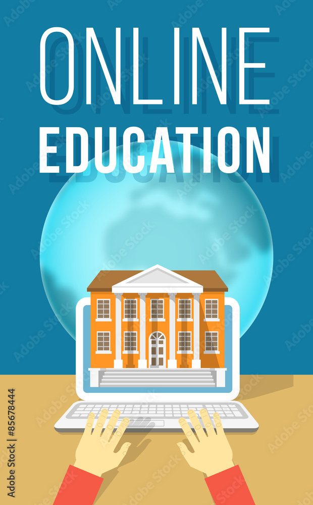 Poster modern flat vector conceptual illustration of online education using computer. internet courses and 