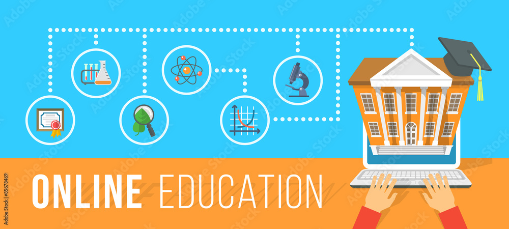 Poster modern flat vector conceptual horizontal illustration of online education using computer. internet c