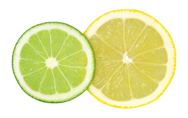 Two cut rings lime and lemon isolated on a white background.