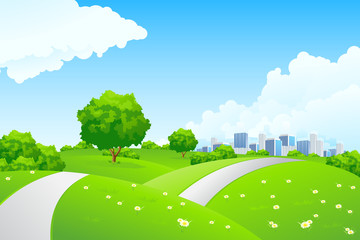 Landscape - green hills with tree and cityscape