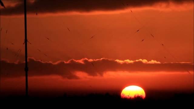 Sonnenuntergang in echtzeit vor Windkraftanlagen 
