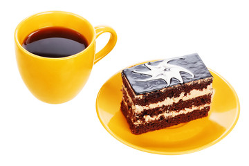 Cup of black tea and chocolate cake
