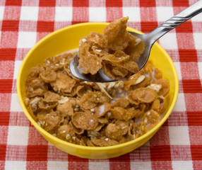 Spoonful of Cereal – A spoon full of wheat bran cereal flakes with nuts. In a yellow bowl, on a red checked tablecloth.